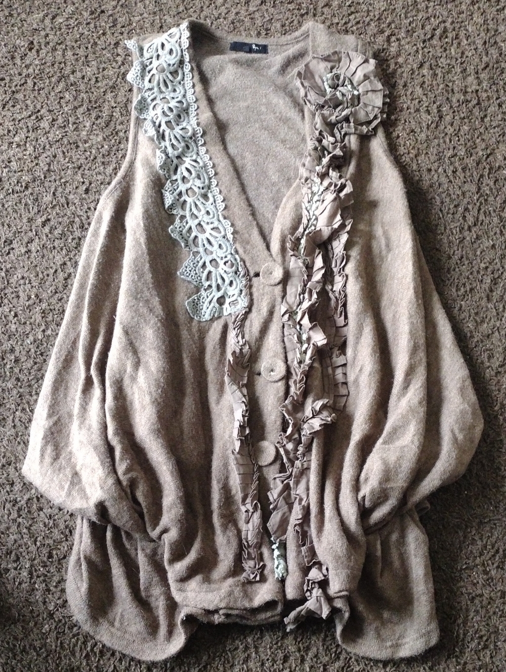 Anthropologie Taupe Ruffled Button-Front Cardigan with Lace Trim
